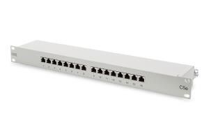 CAT 5e, Class D Patch Panel, shielded 16-port RJ45, 8P8C, LSA, 1U, rack mount, color grey RAL 7035