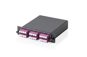 MPO/MTP cassette - 3 cassettes panel, OM4 6xLC Quad couplers, Fanout, MPO Adapter