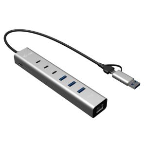 USB-c/USB-a Metal Hub 6 Port (3x USB-c, 3x USB-a), Lan, Power Delivery 85w